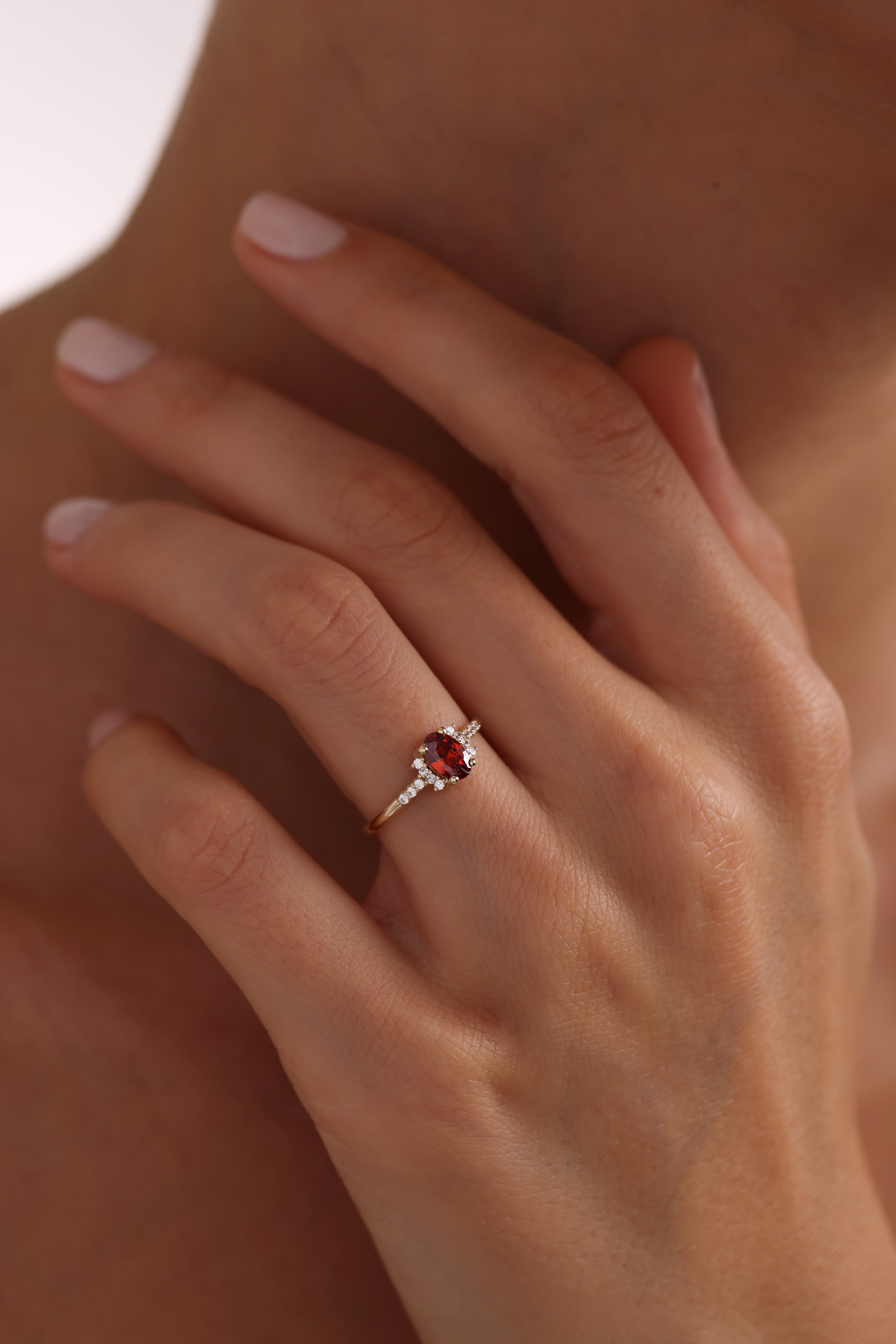 14k Gold Oval Garnet & Diamond Accent Ring