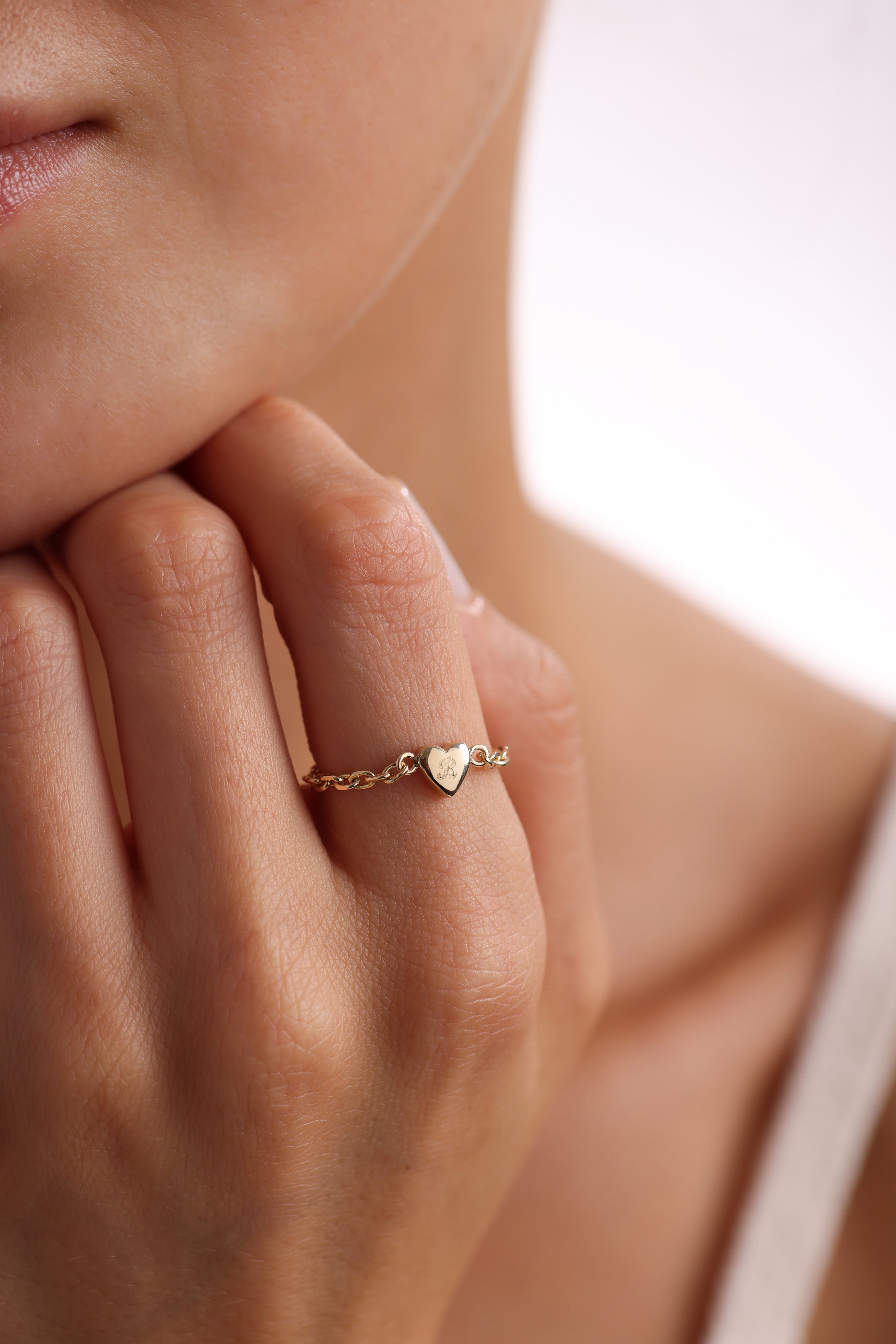14k Solid Gold Heart Chain Ring