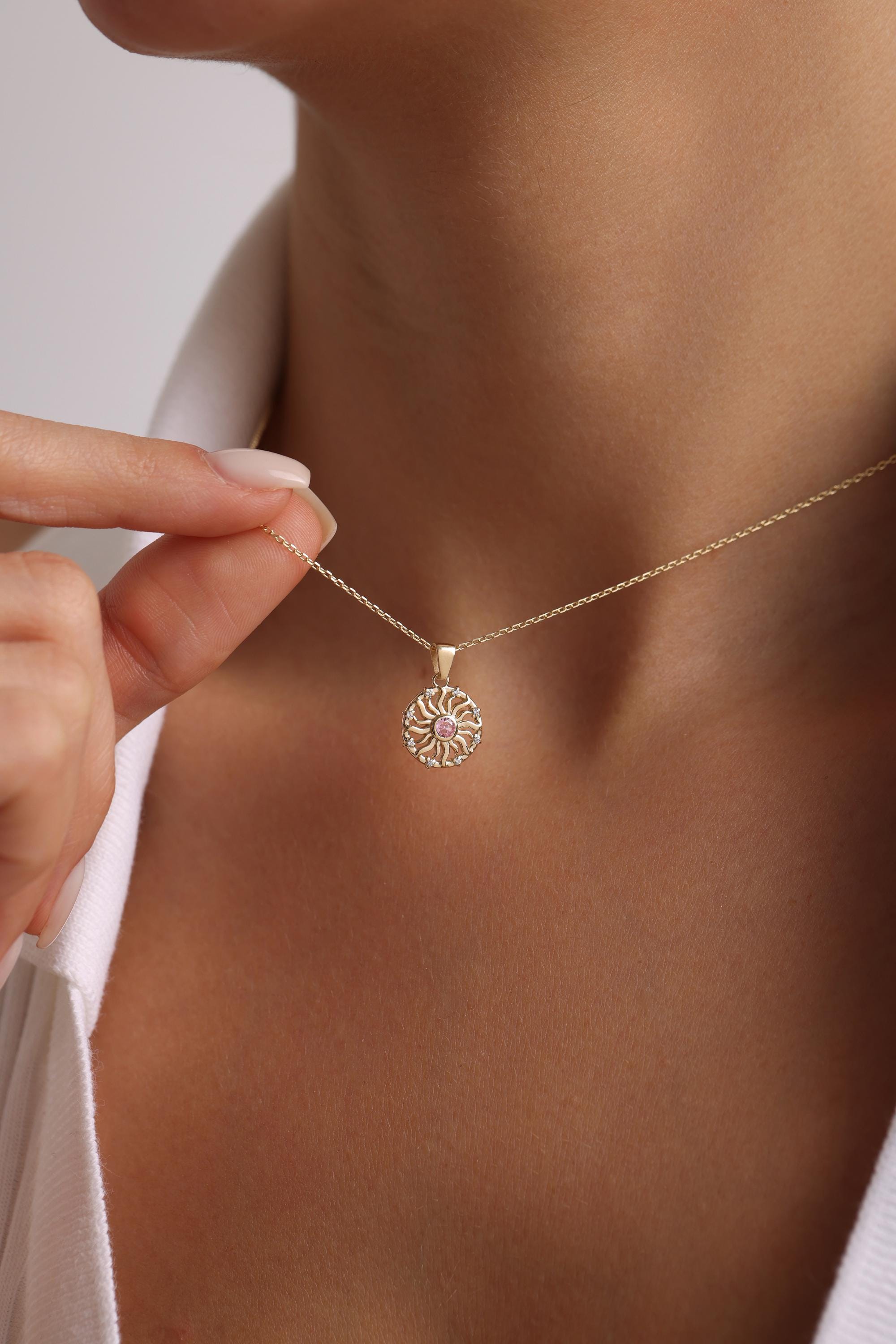 14K Solid Gold Sunburst Necklace with Pink Sapphire