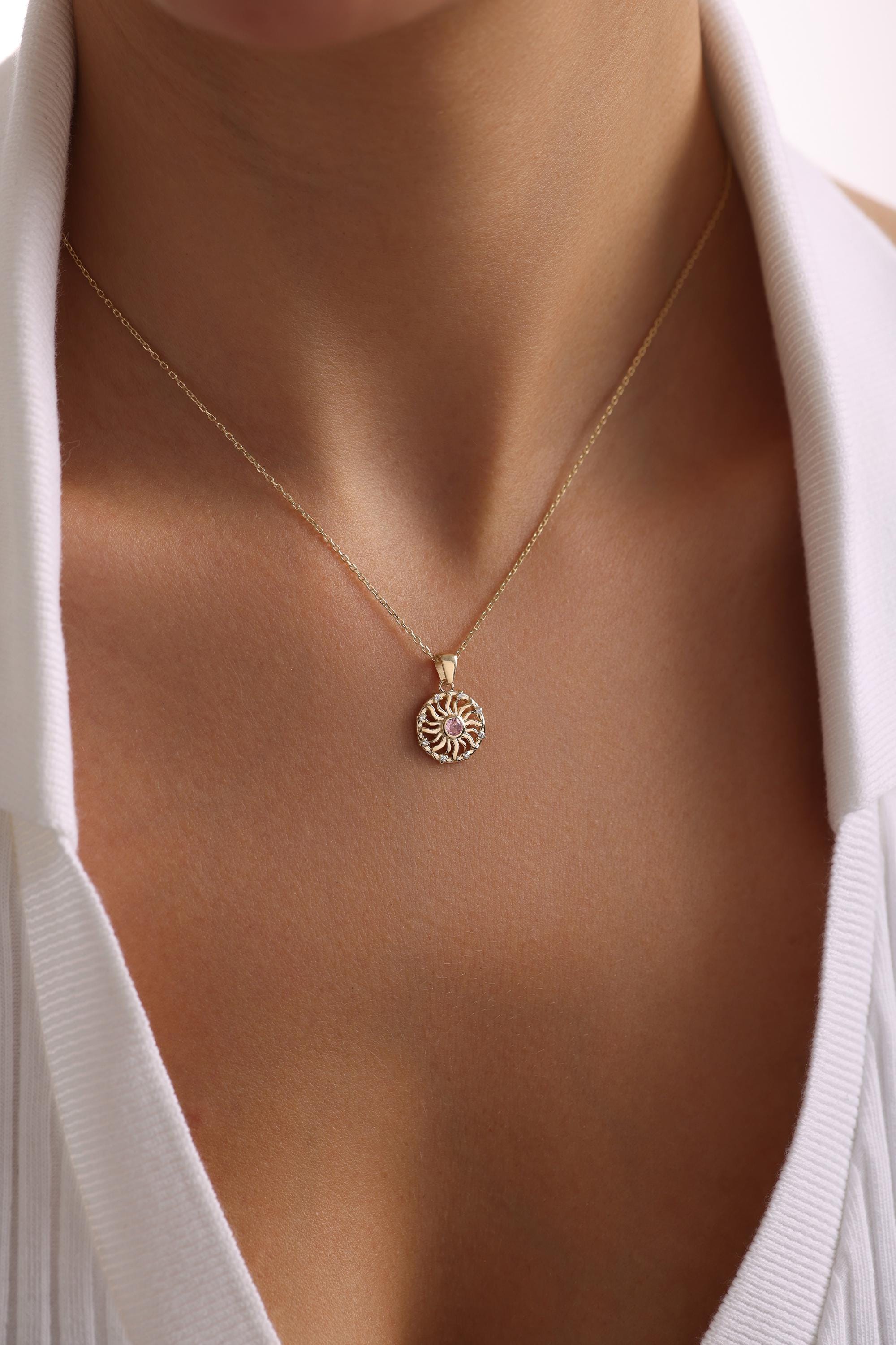 14K Solid Gold Sunburst Necklace with Pink Sapphire
