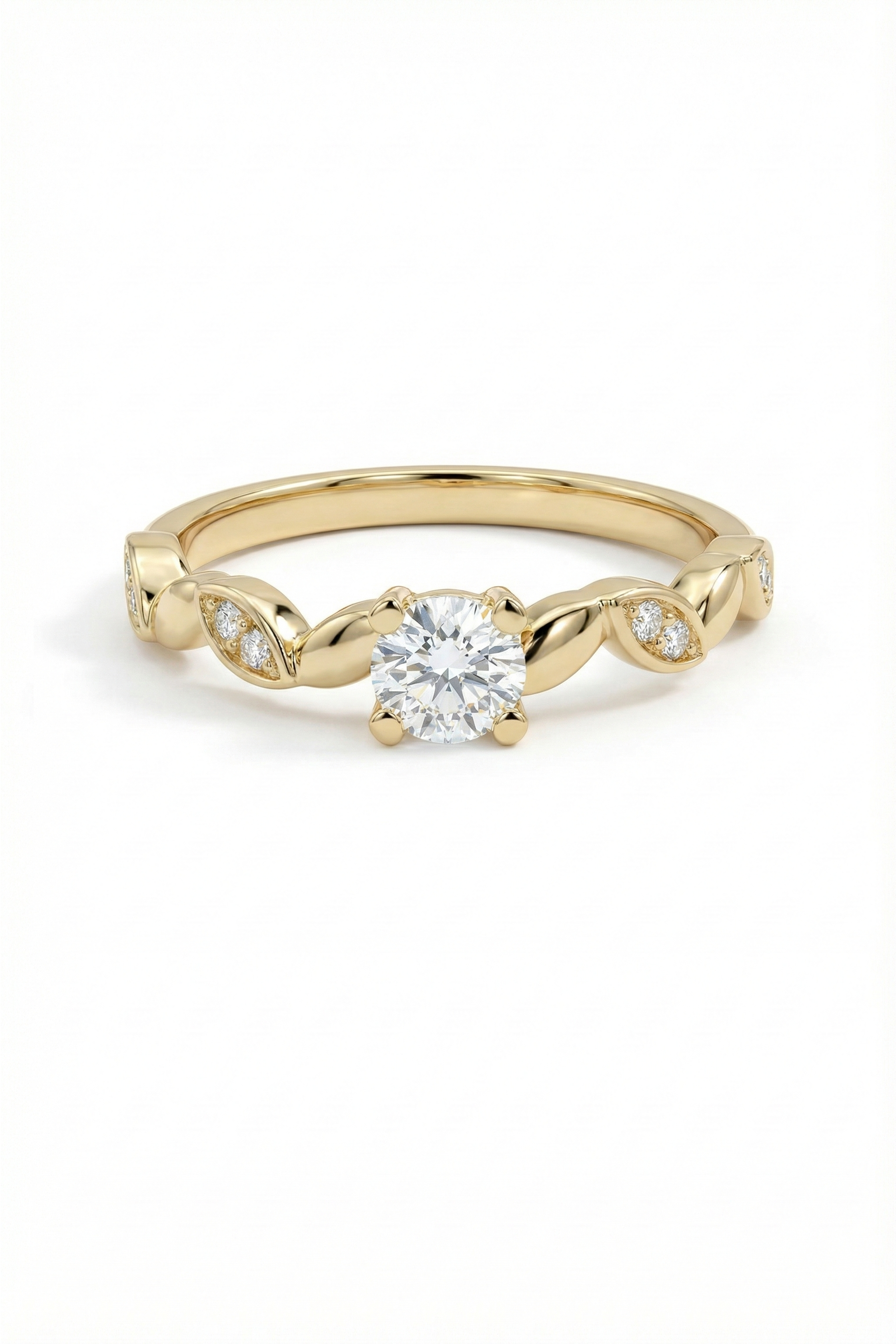 14k Gold Round Diamond Solitaire Ring with Marquise Accents