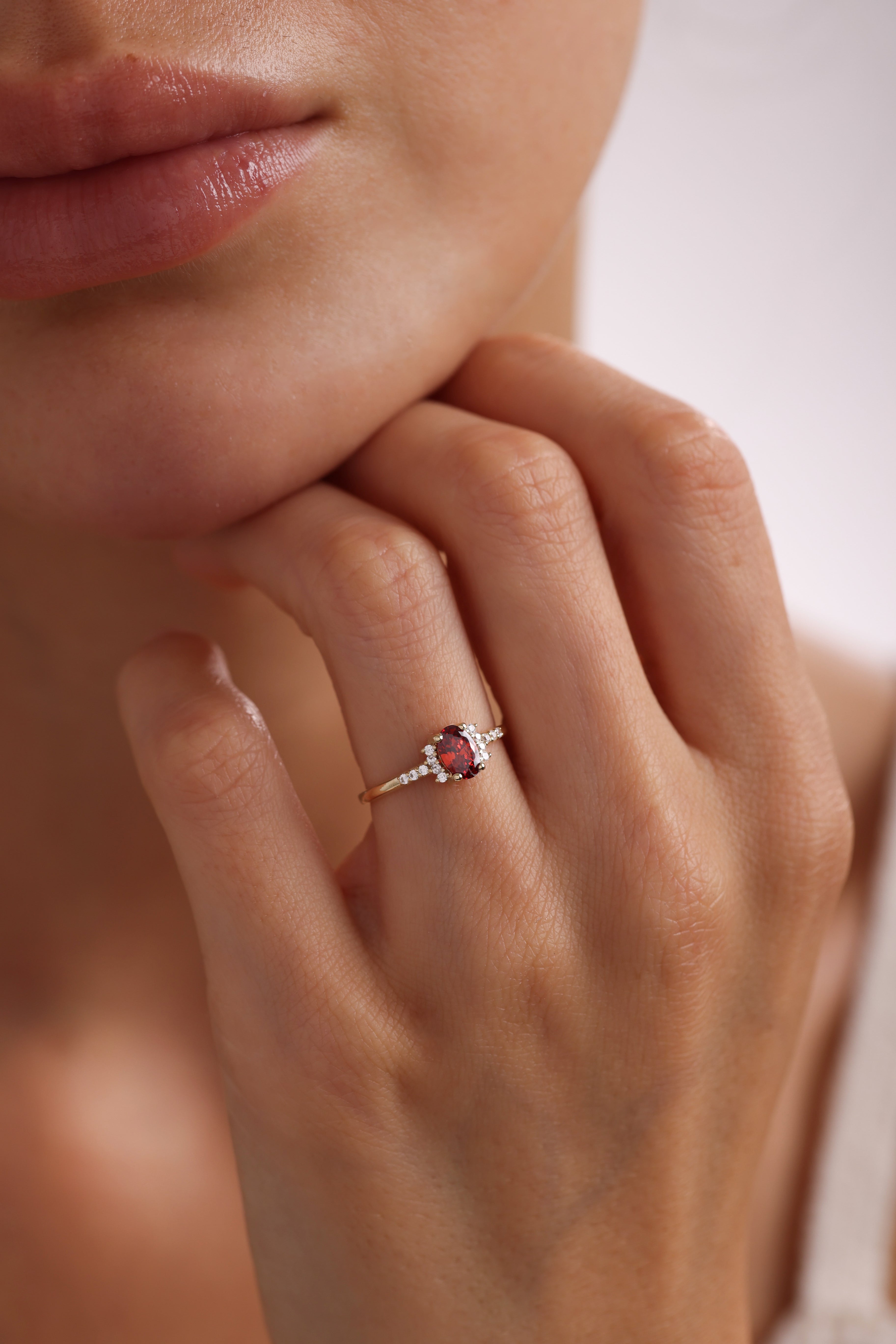 14k Gold Oval Garnet & Diamond Accent Ring