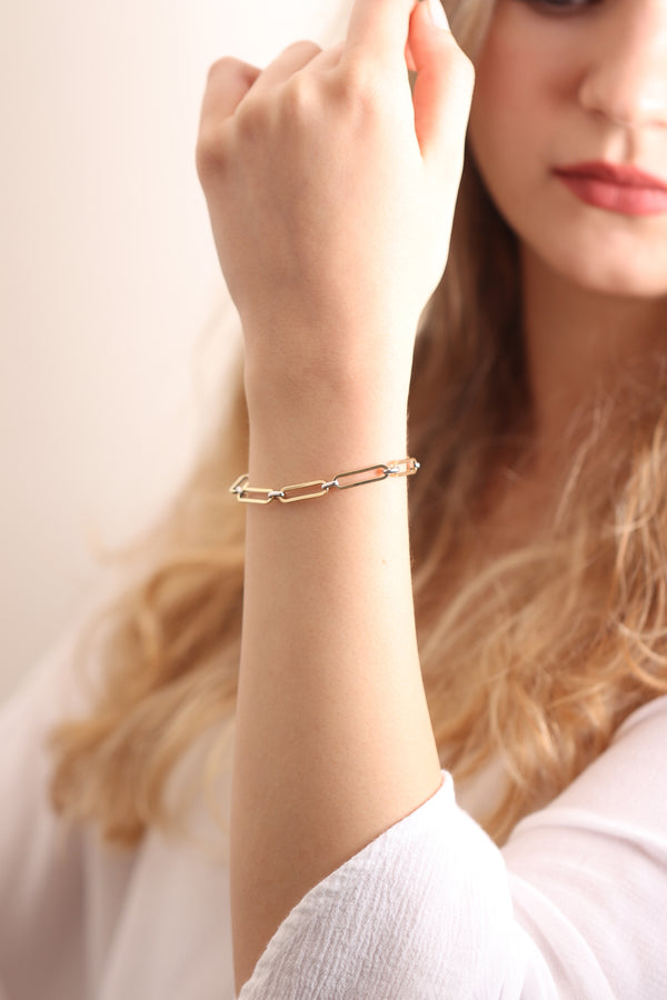 14k Gold Paper Clip Bracelet / Handmade Gold Rectangle Bracelet