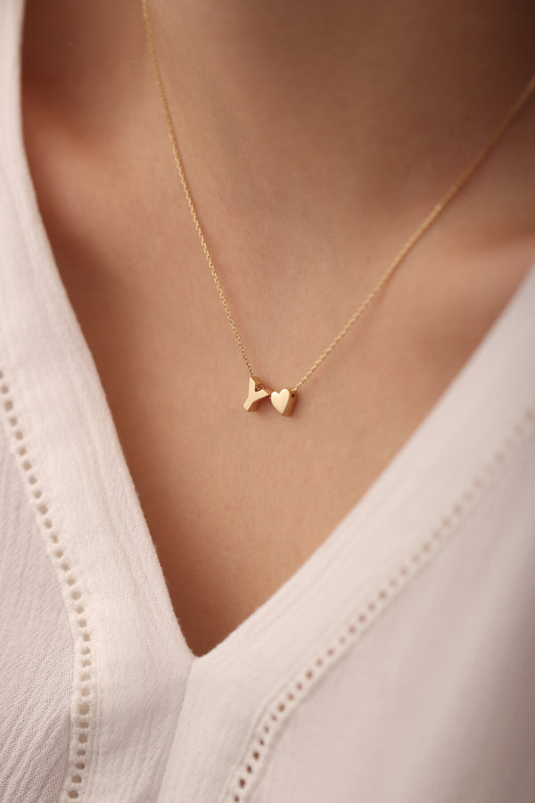 14k Gold Initial With Heart Necklace/Handmade Letter With Heart Necklace