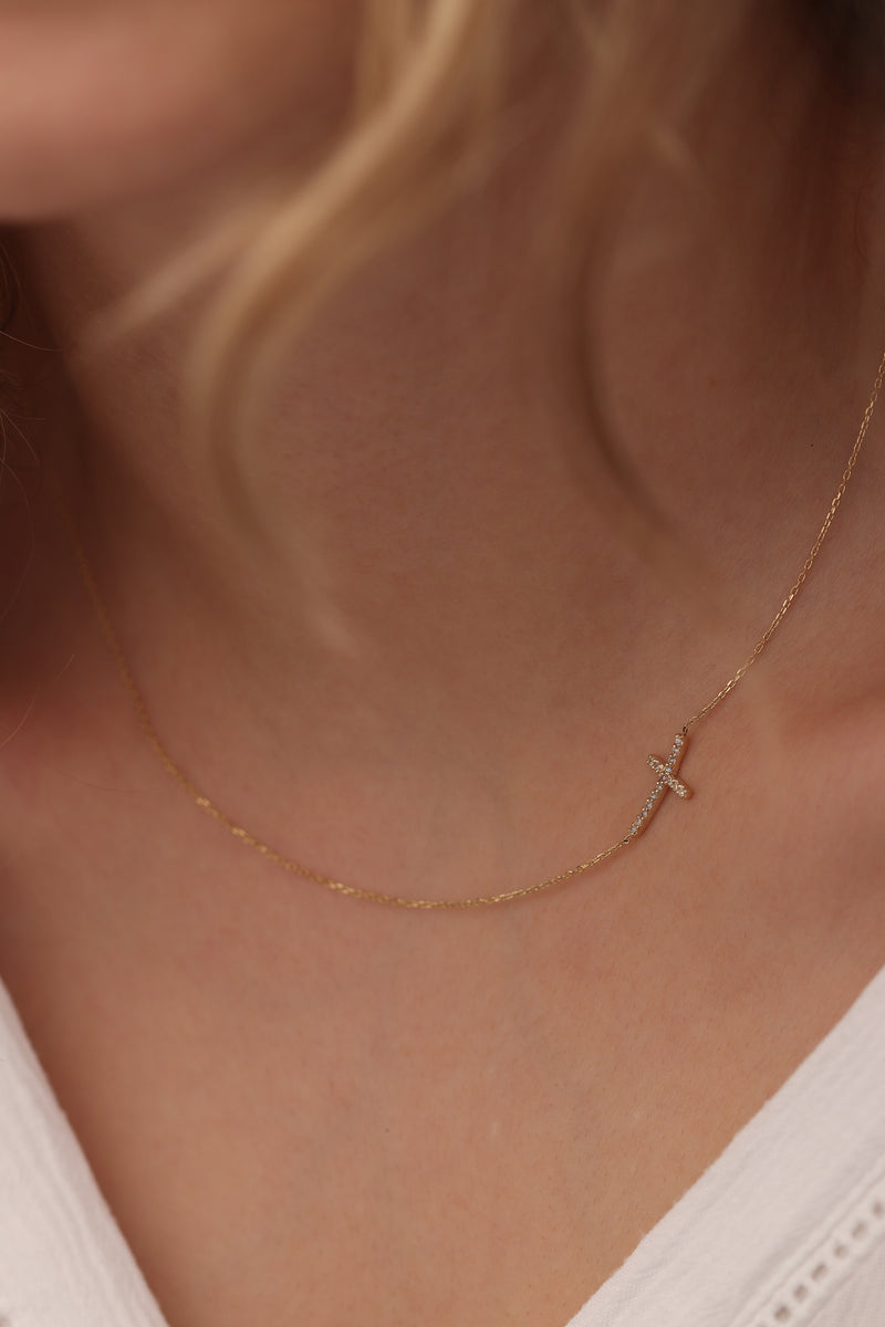 14k Diamond Gold Cross Necklace / Handmade Gold Cross Necklace