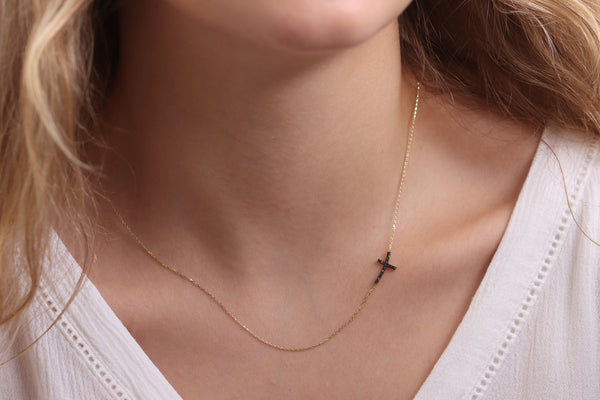 14k Black Diamond Gold Cross Necklace / Handmade Gold Cross Necklace