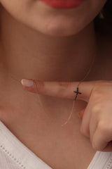 14k Black Diamond Gold Cross Necklace / Handmade Gold Cross Necklace