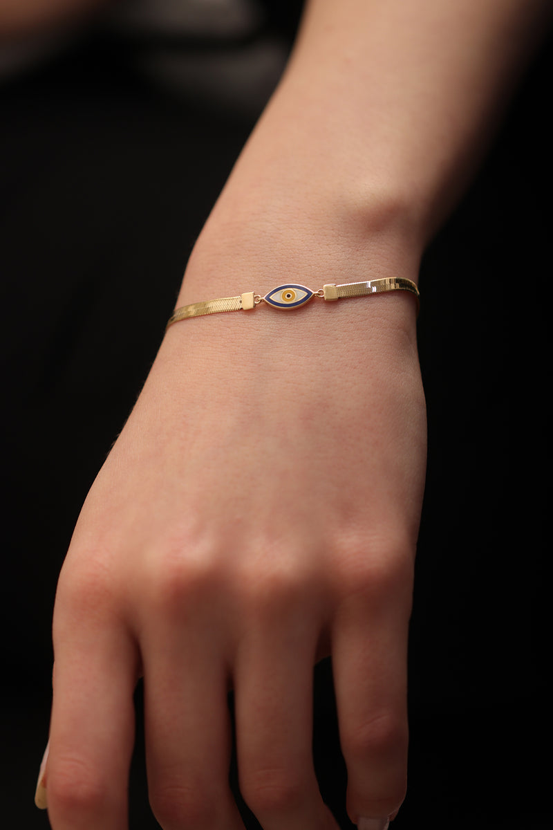 14k Gold Eye Herringbone Bracelet / Handmade Gold Eye Herringbone Chain