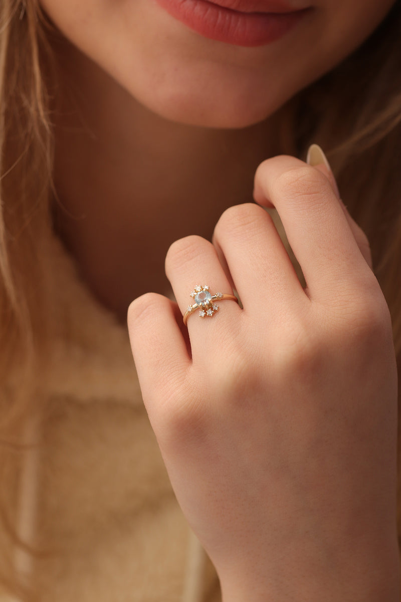 14k & 18k Genuine 5MM Sky Blue Topaz With Diamond Ring / Gold Sky Blue Topaz Ring Available in Gold, Rose Gold and White Gold
