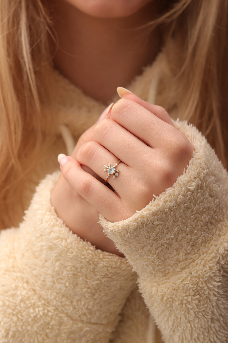 14k & 18k Genuine 5MM Sky Blue Topaz With Diamond Ring / Gold Sky Blue Topaz Ring Available in Gold, Rose Gold and White Gold