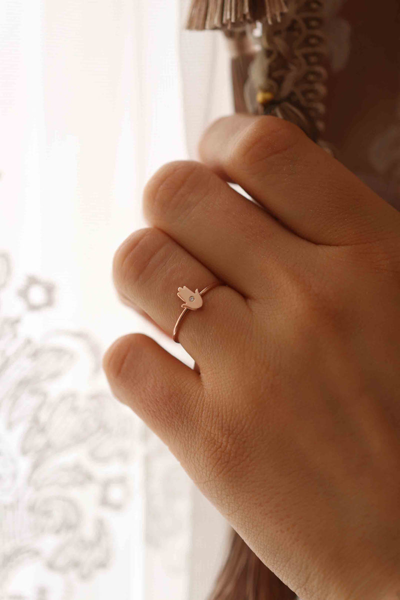 Gold Hamsa Hand with Tiny Diamond Ring / Handmade Hamsa Hand Ring