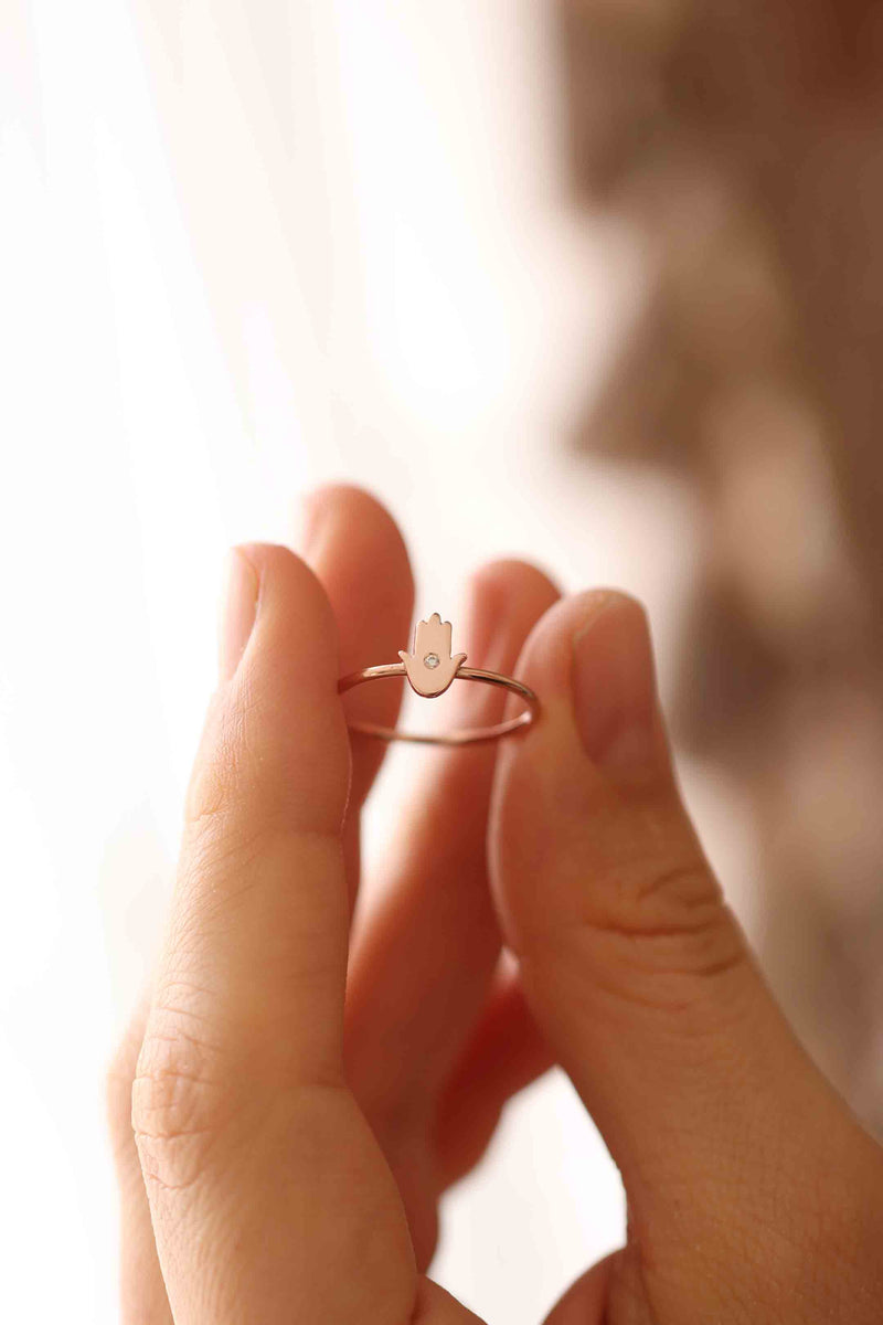 Gold Hamsa Hand with Tiny Diamond Ring / Handmade Hamsa Hand Ring