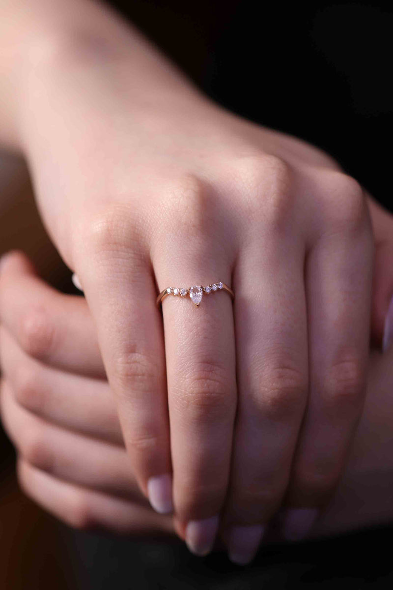 Diamond Engagement Band / Pear Diamond Ring / 14k Gold Minimalist Ring