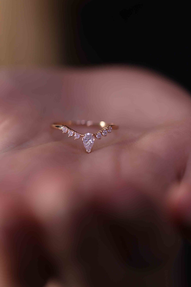 Diamond Engagement Band / Pear Diamond Ring / 14k Gold Minimalist Ring