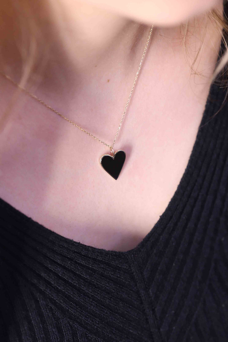14k Gold Black Enamel Heart Necklace