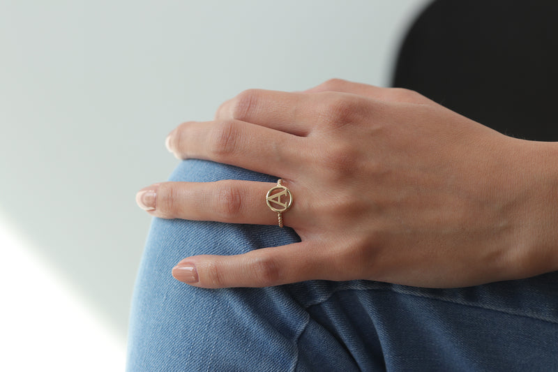 14k 18k Gold Initial Beaded Band / Handmade Gold Initial Ring / Gold Letter with beaded Band Available in Gold, Rose, White Gold