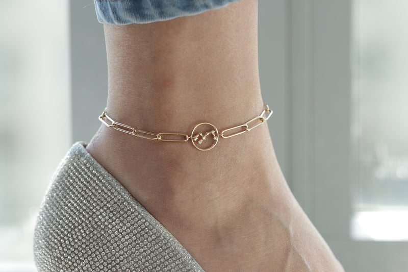 14k Gold Horoscope Bracelet-Anklet on Paperclip / Handmade Dainty Horoscope Bracelet-Anklet on Paperclip Chain in Gold, Rose Gold,White Gold