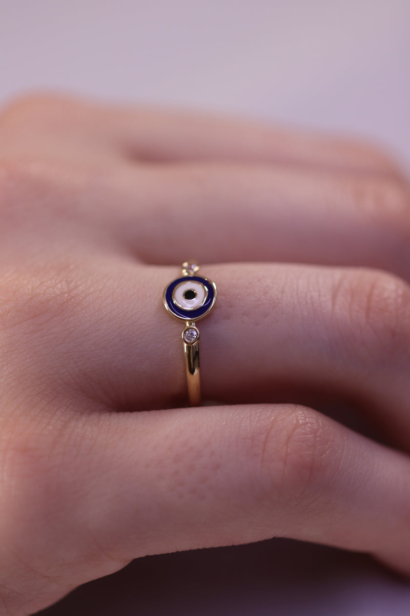 Diamond Gold Evil Eye Ring / Handmade Gold Evil Eye Ring /14k & 18k Tiny Diamond Gold Evil Eye Ring