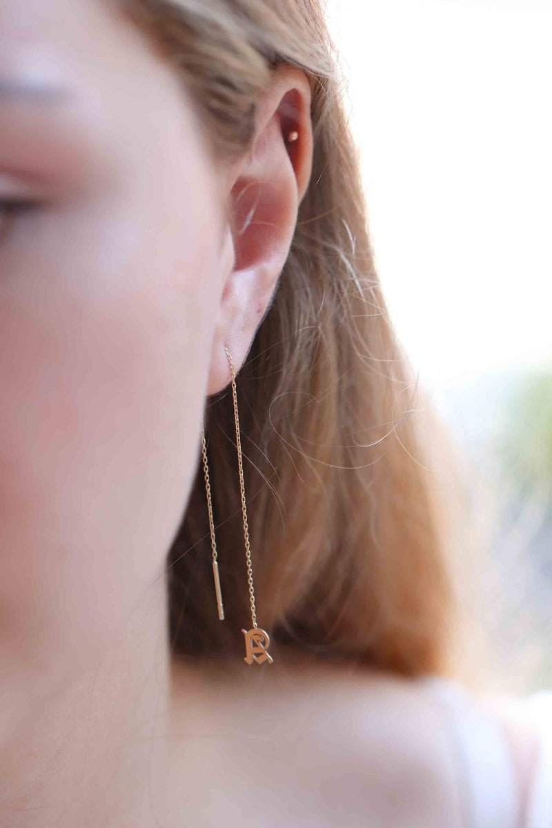 14k Gold Threader Initial Earring / Handmade Gold Personalized Earring