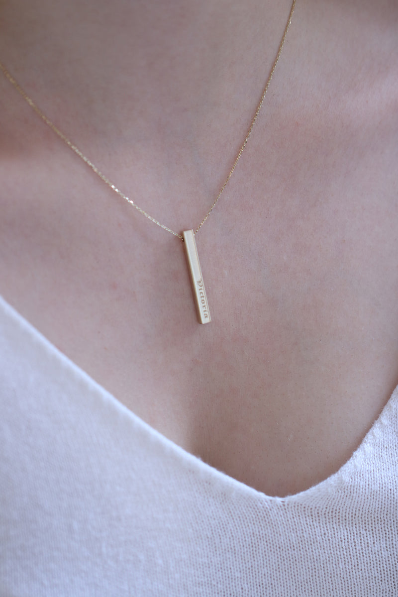 14k Gold Bar Necklace / Handmade Four Sided Engraved Necklace