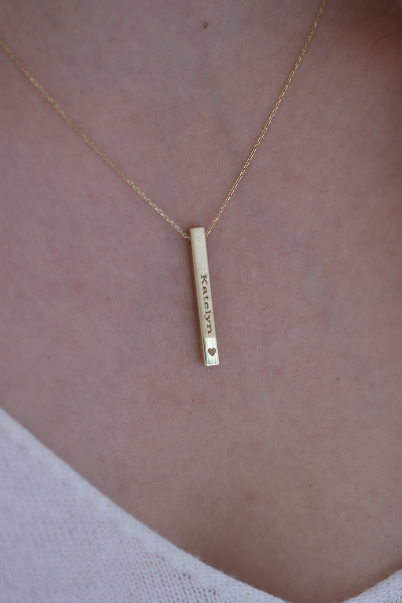 14k Gold Bar Necklace / Handmade Four Sided Engraved Necklace