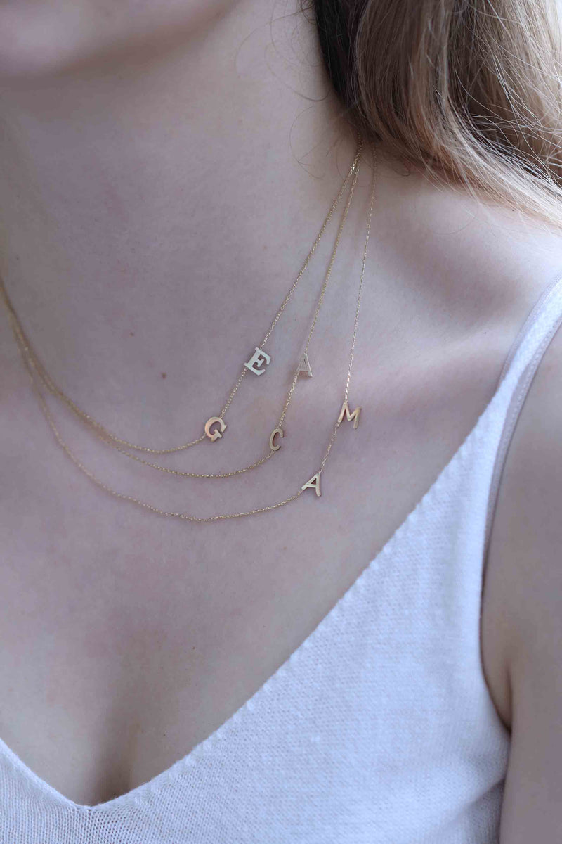 14k Gold Initial Necklace, Letter Necklace, Sideways Initial Necklace,  Personalized Name Necklace, Personalized Jewelry, Layered Necklace - Etsy